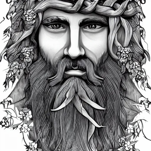 Image similar to huge male druid gray face pointy ears long beard with vines as hair hibiscus flowers detailed drawing