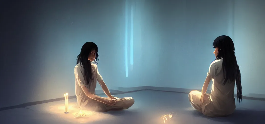 Image similar to Young Himalayan woman sitting concerned in an empty room with loneliness using psychic powers to make a lighter float| night time scene, plain walls |somber white eyes, long messy hair | gentle lighting, futuristic, dim lighting, digital art by Makoto Shinkai ilya kuvshinov and Wojtek Fus, digital art, concept art,