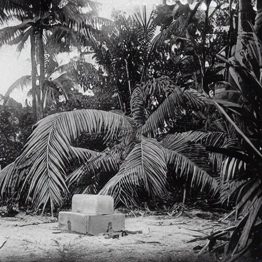 Image similar to a rizom lost film footage of a sacred ( ( ( ( ( indigenous ) ) ) ) ) artifact in the middle of the ( ( ( ( ( ( ( ( ( ( tropical jungle ) ) ) ) ) ) ) ) ) ) / ethnographic object / film still / cinematic / enhanced / 1 9 0 0 s / black and white / grain