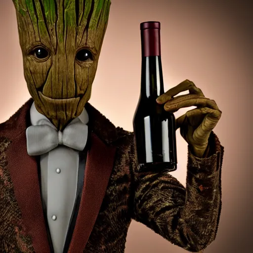 Image similar to realistic groot as a gentleman wearing tuxedo drinking wine, 1 0 0 mm, photorealistic, movie shot, studio lighting, 8 k