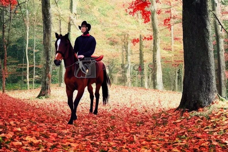 Image similar to attractive man riding a horse in the woods with falling red leaves, ghibli style