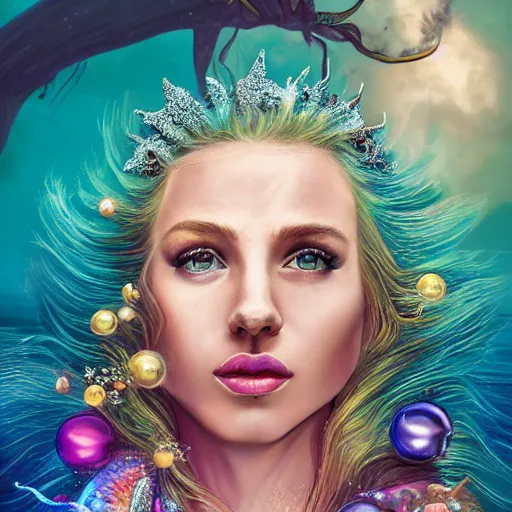 Image similar to chris evans portrait, fantasy, mermaid, hyperrealistic, highly detailed, cinematic lighting, pearls, glowing hair, shells, gills, crown, water, highlights, starfish, jewelry, realistic, digital art, pastel, magic, fiction, ocean, game, king, colorful hair, sparkly eyes, fish, god, waves, bubbles, heroic