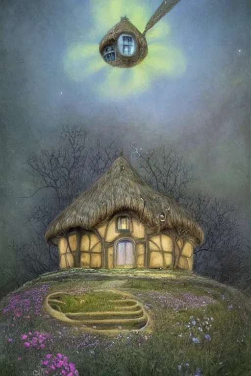 Image similar to beautiful matte painting of a cottage on a hill whimsical by brian froud and bridget bate tichenor with glowing spiral