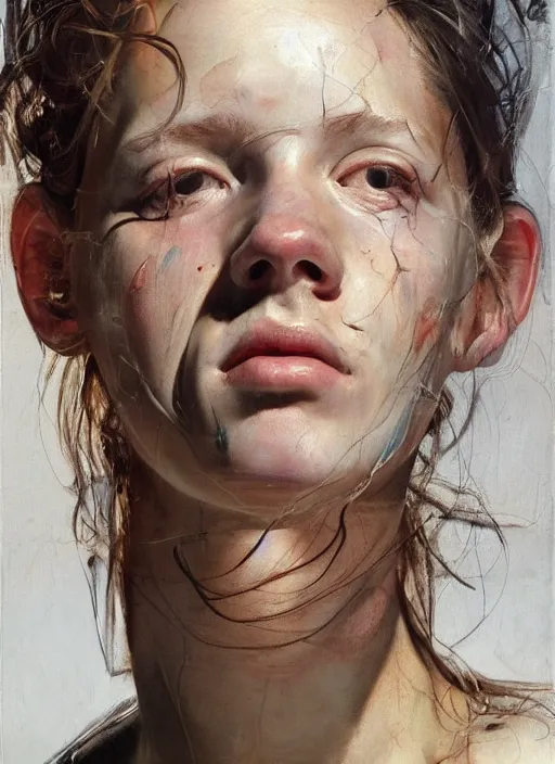 Image similar to high quality high detail painting by jenny saville, hd, a skinny beautiful androgenous person, hair in wind, photorealistic lighting