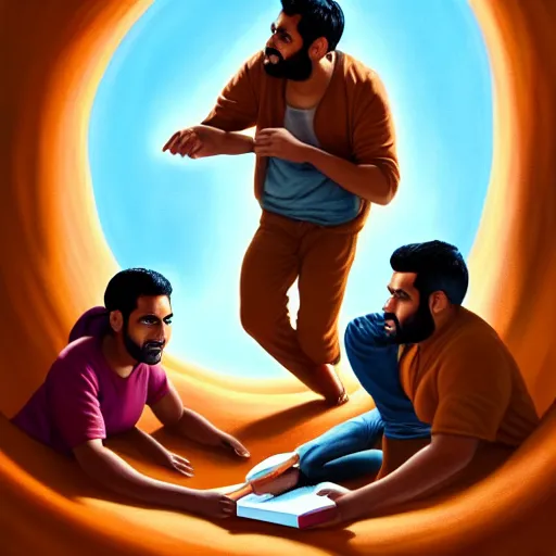 Image similar to a painting of three brown men and a brown woman emerging out of a giant open book, hyperrealistic faces, detailed digital art, aesthetic!, trending on artstation