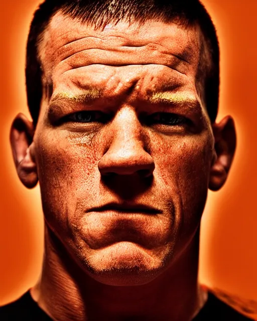 Image similar to prison mugshot of john cena, bright flash, orange prison clothes, low saturation, somber expression, filthy hair, rugged textured face, soft vignette, soft focus, 5 0 mm, 4 k, photograph by annie leibovitz