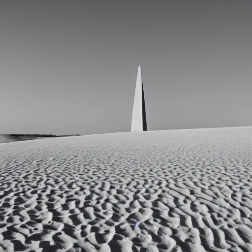 Prompt: a large sand dune with a large obelisk hovering in the middle of the sand dune. clear sky, grainy.