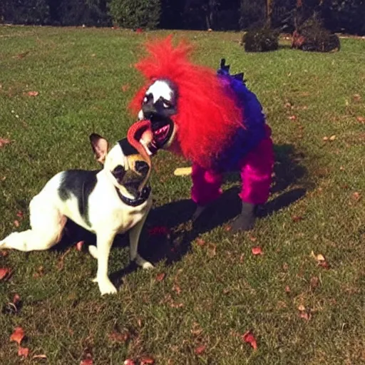 Prompt: Dogs biting scary clowns at night