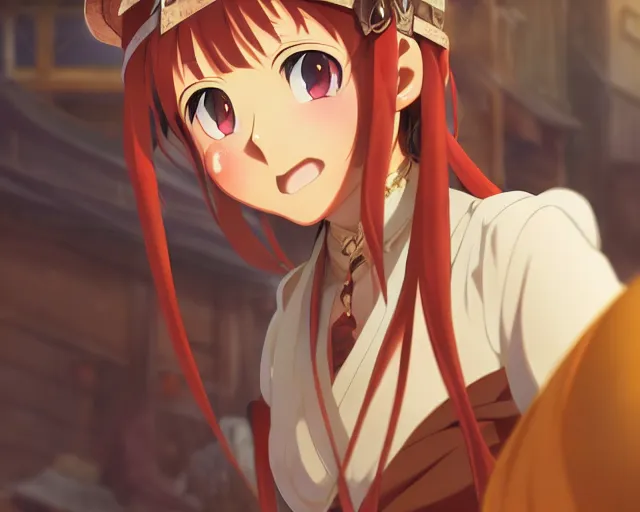 Image similar to anime visual, portrait of a young female adventurer in an open medieval market, cute face by yoh yoshinari, katsura masakazu, cinematic luts, cold studio lighting, dynamic pose, dynamic perspective, strong silhouette, anime cels, kyoto animation, cel shaded, crisp and sharp, rounded eyes, moody