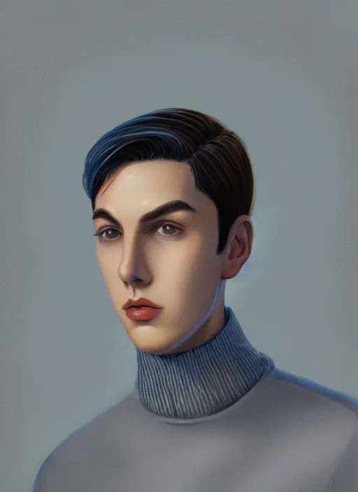 Prompt: portrait of teenage jughead jones, wearing a light grey crown, light grey crown, blue turtleneck, 1 9 5 0 s, intricate, elegant, glowing lights, highly detailed, digital painting, artstation, concept art, smooth, sharp focus, illustration, art by wlop, mars ravelo and greg rutkowski