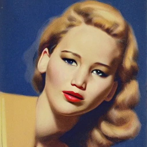 Prompt: “jennifer Lawrence portrait, color vintage magazine illustration 1950”