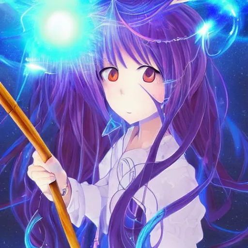 Prompt: a beautiful anime character wizard with free flowing hair holding a staff that has a glowing blue orb at the head of it emanating brilliant blue light, high detail, high resolution