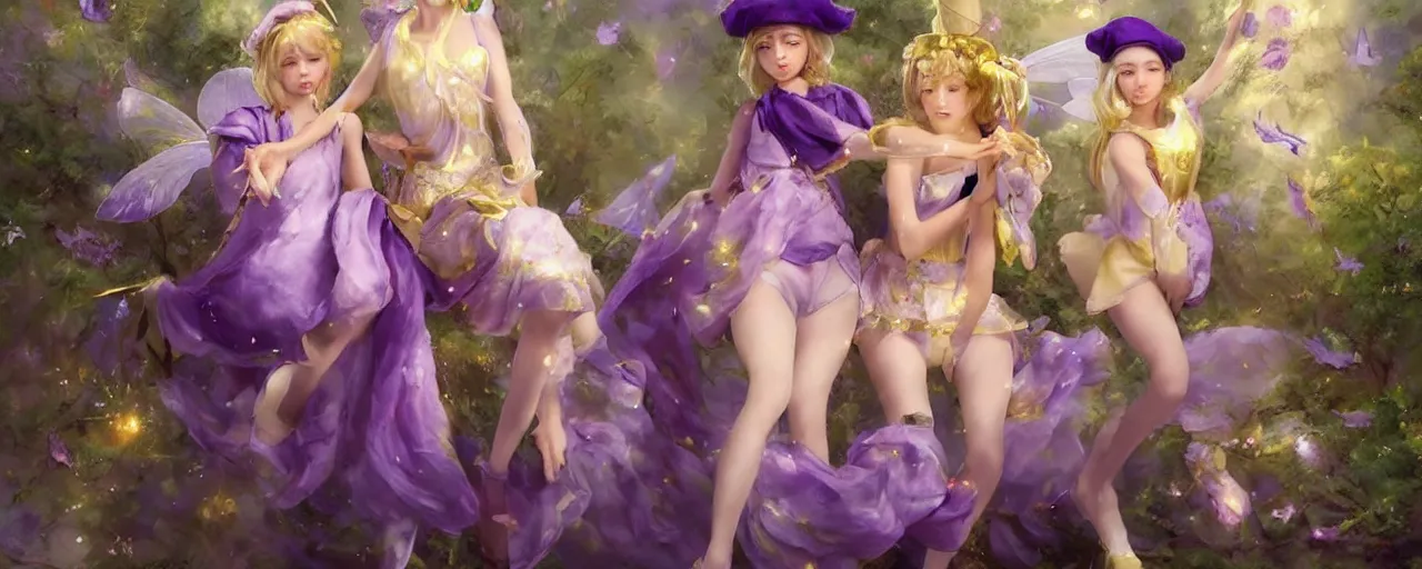 Image similar to Full View of mysterious fairy maidens with short blond hair wearing an oversized purple Beret, Baggy Purple overall shorts, Short Puffy pants made of silk, silk shoes, a big billowy scarf, Golden Ribbons, white leggings Covered in stars. Short Hair. peasant magic. masterpiece 4k digital illustration by Ruan Jia and Mandy Jurgens and Artgerm and greg rutkowski , award winning, Artstation, art nouveau aesthetic, Alphonse Mucha background, intricate details, realistic, panoramic view, Hyperdetailed, 8k resolution, intricate art nouveau, smooth, sharp focus. Rhythmic gymnastics poses