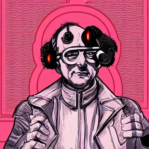 Image similar to cyberpunk benjamin franklin as the leader of a futuristic communist society, cybernetics, sharp lines, digital, artstation, colored in