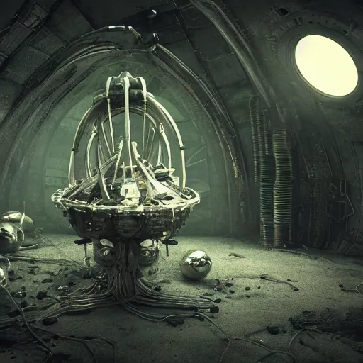 Image similar to a nest of alien eggs aboard an abandoned spaceship, extremely detailed, volumetric lighting, gothic, steampunk, horror, inspired by hr giger, octane render, high resolution.