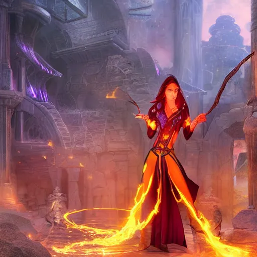 Prompt: digital art of half-elf sorceress from dungeons and dragons, a fireball spell forms in her hands, in a crowded ancient persian city, insanely detailed, depth of field unreal engine ultra-wide angle lens, volumetric lighting, vivid color,