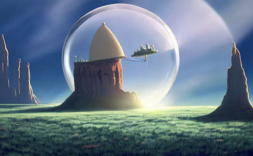 Image similar to a scary hyperrealist painting of a rocketship in a giant transparent forcefield crystal ball from howl's moving castle ( 2 0 0 4 ) in a flooded monument valley stonehenge jungle. depth perception, 4 k, artstation, in the style of studio ghibli