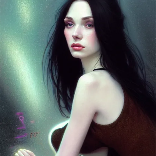 Image similar to portrait of a beautiful pale skin female with long black hair, dark brown eyes, elegant clothing, photorealistic, highly detailed, artstation, smooth, sharp focus, neon lighting, sci - fi, art by klimt, artgerm, greg rutkowski and alphonse mucha