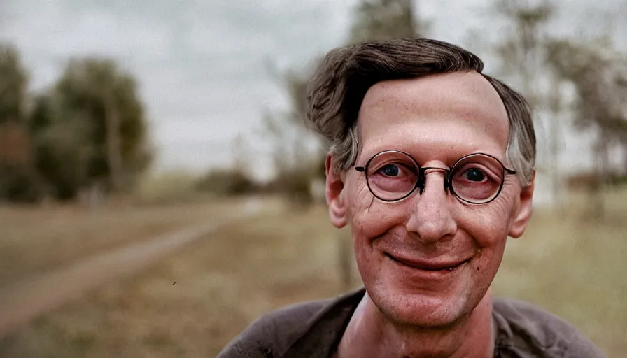 Image similar to far view, extremely skinny malnourished mitch mcconnell, wearing dirty overalls, dirty greasy face, grin, portrait, close up, kodak gold 2 0 0, 5 0 mm,