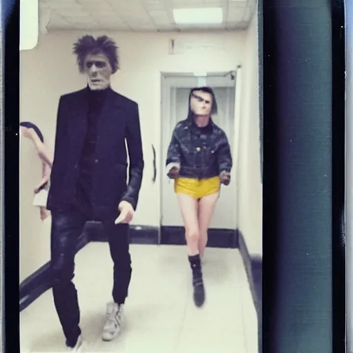 Image similar to A creepy polaroid photo of skinny Willem dafoe chasing billie eilish down a hallway