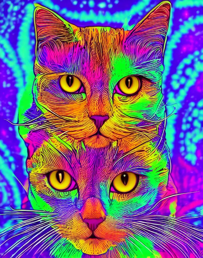 Prompt: a psychedelic portrait of cyborg cat, vibrant color scheme highly detailed in the