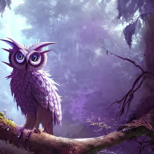 Image similar to concept art painting of an anthropomorphic purple gray dragon owl creature, in the deep forest, realistic, detailed, cel shaded, in the style of makoto shinkai and greg rutkowski and james gurney