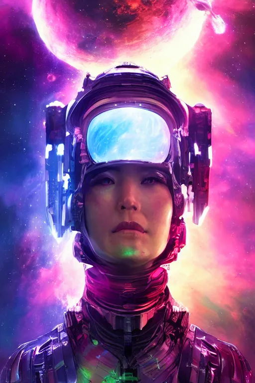 Image similar to a fancy portrait of a beautiful cyborg in space with a colourful nebula behind her by dustin nguyen, sung choi, mitchell mohrhauser, maciej kuciara, johnson ting, maxim verehin, peter konig, bloodborne, 8 k photorealistic, cinematic lighting, hd, high details, dramatic, dark atmosphere, trending on artstation