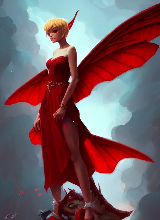 Prompt: Full-body illustration of tiny pixie, D&D fantasy, wearing a red dress, with large wings, intricate, highly detailed, digital painting, artstation, concept art, sharp focus, illustration, art by greg rutkowski and Ross Tran