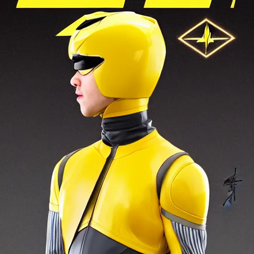 Image similar to symmetry!! yellow ranger, thunderbolt - helmet!!, artstation, art by murata, art by oda echiiro, art by tatsuki fujimoto, lightning helmet, 3 d, jumpsuit, gloves, futuristic poster,