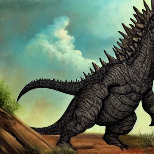 Prompt: paleoart painting of Godzilla in the style of Charles R. Knight