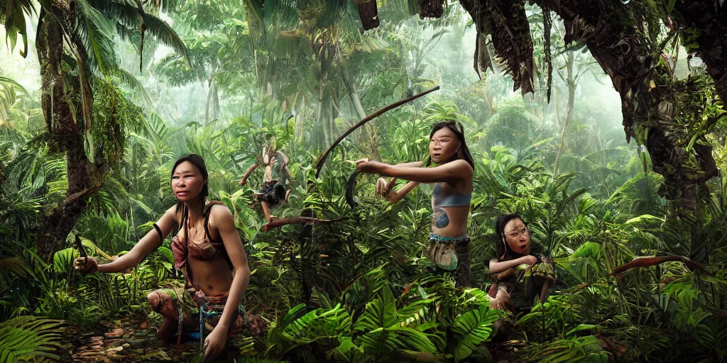 Image similar to borneo people in jungle, unreal 5, hyperrealistic, realistic, photorealistic, dynamic lighting, highly detailed, cinematic landscape, studio landscape, studio lighting