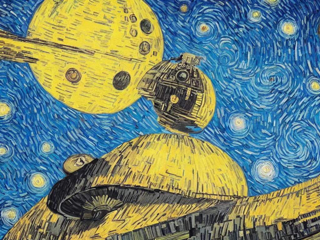 Prompt: bright beautiful oil painting of the death star aims its weapon at planet earth, light scatter, van gogh