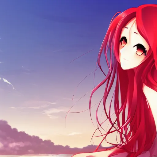 Prompt: detailed anime girl with long red hair in a white silky dress sitting in the sand on a beach at sunset, pixiv art