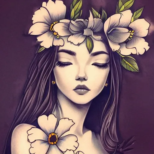Prompt: tattoo design, stencil, traditional, beautiful portrait of a girl with flowers in her hair, upper body, by artgerm, artgerm, digital art, cat girl, sexy