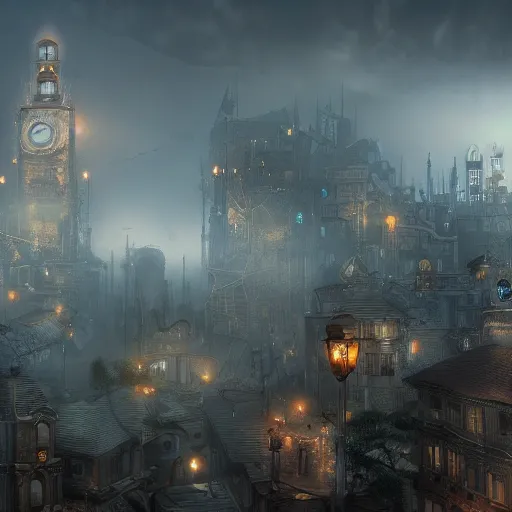 Image similar to a steampunk city shrouded in fog, highly detailed, 8k, sharp focus, trending on artstation