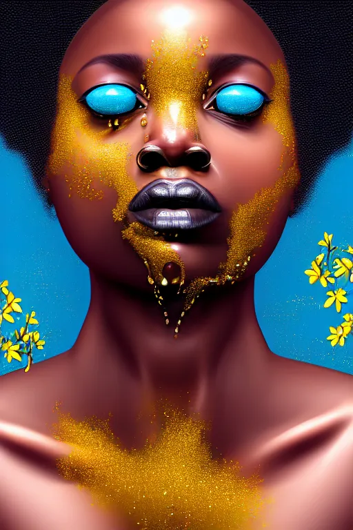 Prompt: hyperrealistic precisionist cinematic profile expressive! black oshun goddess, in water! up to shoulders, mirror dripping droplet!, gold flowers, highly detailed face, digital art masterpiece, smooth eric zener cam de leon, dramatic pearlescent turquoise light on one side, low angle uhd 8 k, shallow depth of field