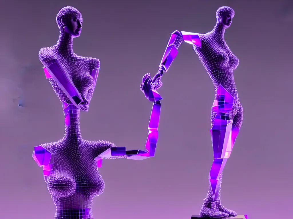 Image similar to beautiful mannequin sculpted out of amethyst by billelis + lit with purple 3 d geometric neon + chrome geometric cubed bonsai plants!!!!, doorway opening with neon pink geometric light, clean linework, dramatic, finely detailed, rule of thirds, moody, confident, award winning, 4 k, trending on artstation, photorealistic, volumetric lighting, octane render