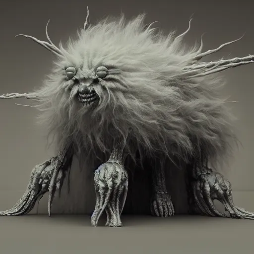 Image similar to cute chthonic fluffy monster by Ayami Kojima, Beksinski, Giger, vray render, unreal engine, 50mm lens, bottom angle