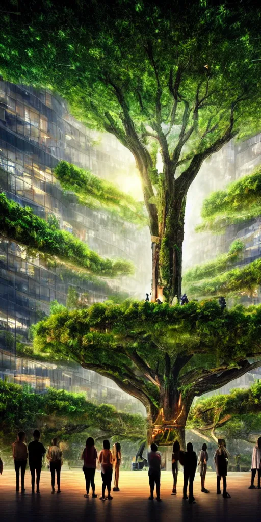 Prompt: high quality photo of futurist biophilic vertical city with giant oak tree in the middle and homeless people praying cinematic lighting