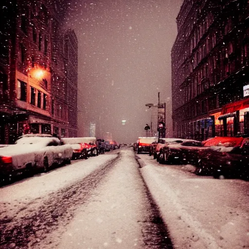 Prompt: disposable camera photo of a new york city street during a snow storm, aesthetically pleasing