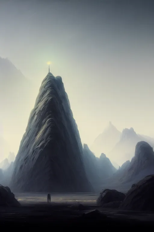 Prompt: rectangular black monolith standing on moon, fog, mountains in distance, extremely detailed digital painting, in the style of fenghua zhong and ruan jia and jeremy lipking and peter mohrbacher, mystical colors, rim light, beautiful lighting, 8 k, stunning scene, raytracing, octane, trending on artstation