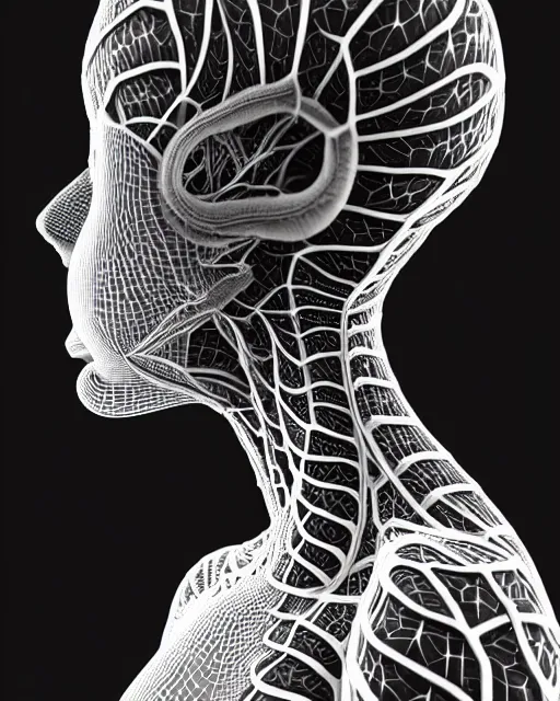 Image similar to a contrasted black and white 3D render of a beautiful female vegetal-dragon-cyborg, 150 mm, orchid stems, ivy, fine lace, Mandelbrot fractal, anatomical, flesh, facial muscles, microchip, veins, arteries, full frame, microscopic, elegant, highly detailed, flesh ornate, elegant, high fashion, rim light, octane render in the style of H.R. Giger and Man Ray