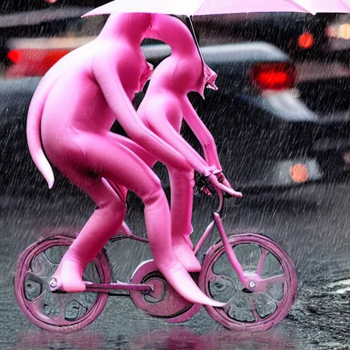 Image similar to hyper realistic, photo, humanoid pink female Squid creatures riding a motorcycle fast in the rainy city traffic