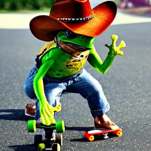 Image similar to a frog wearing a cowboy hat and riding a skateboard