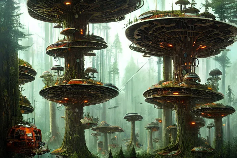 Image similar to mushroompunk treehouse city on endor, hyper detailed, by alejandro burdisio,