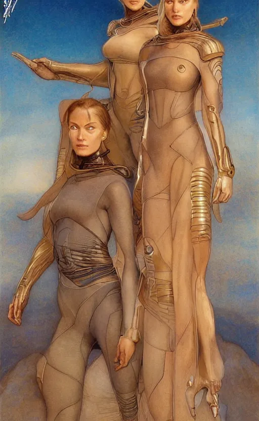 Image similar to beautiful female fremen on dune, by edgar maxence artgerm ross tran and michael whelan and gustav klimpt