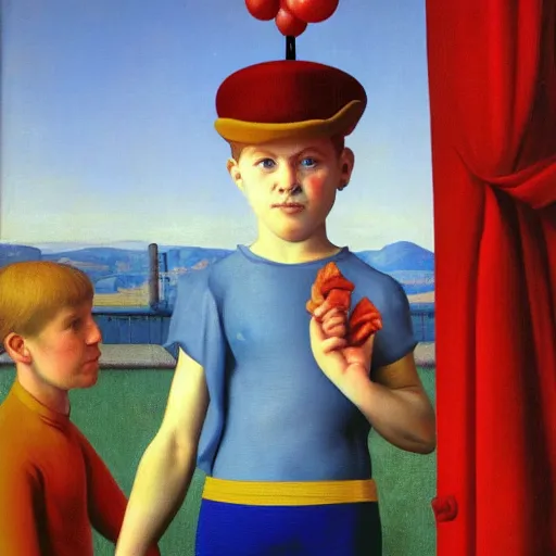 Image similar to a boy wins in the circus by Raphael, Hopper, and Rene Magritte. detailed, romantic, enchanting, trending on artstation.