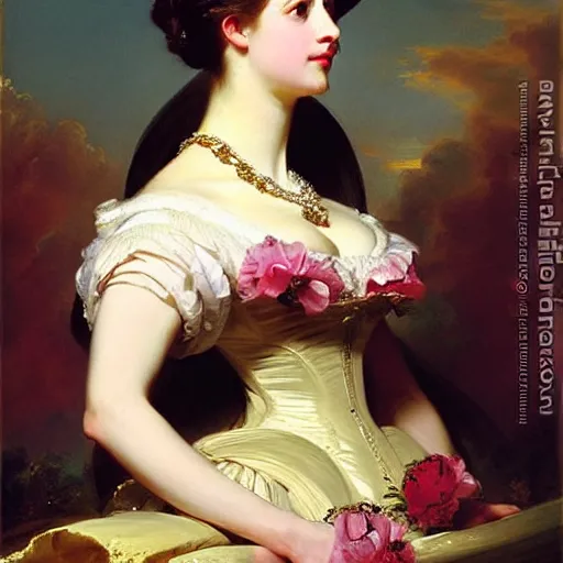 Image similar to beautiful painting of a queen by franz xaver winterhalter, highly detailed, vivid, romanticism, 1 8 6 0 s style art, high quality, elegant, fancy