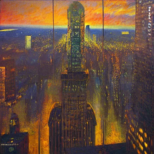 Image similar to impressionistic full - color painting of a distorted mirror reflecting a nightmarish balcony view of boston downtown skyline in 1 9 2 5 at night with a horrifying sky, aerial view, dark, brooding, night, atmospheric, horror, cosmic, ultra - realistic, smooth, highly detailed by dave dorman