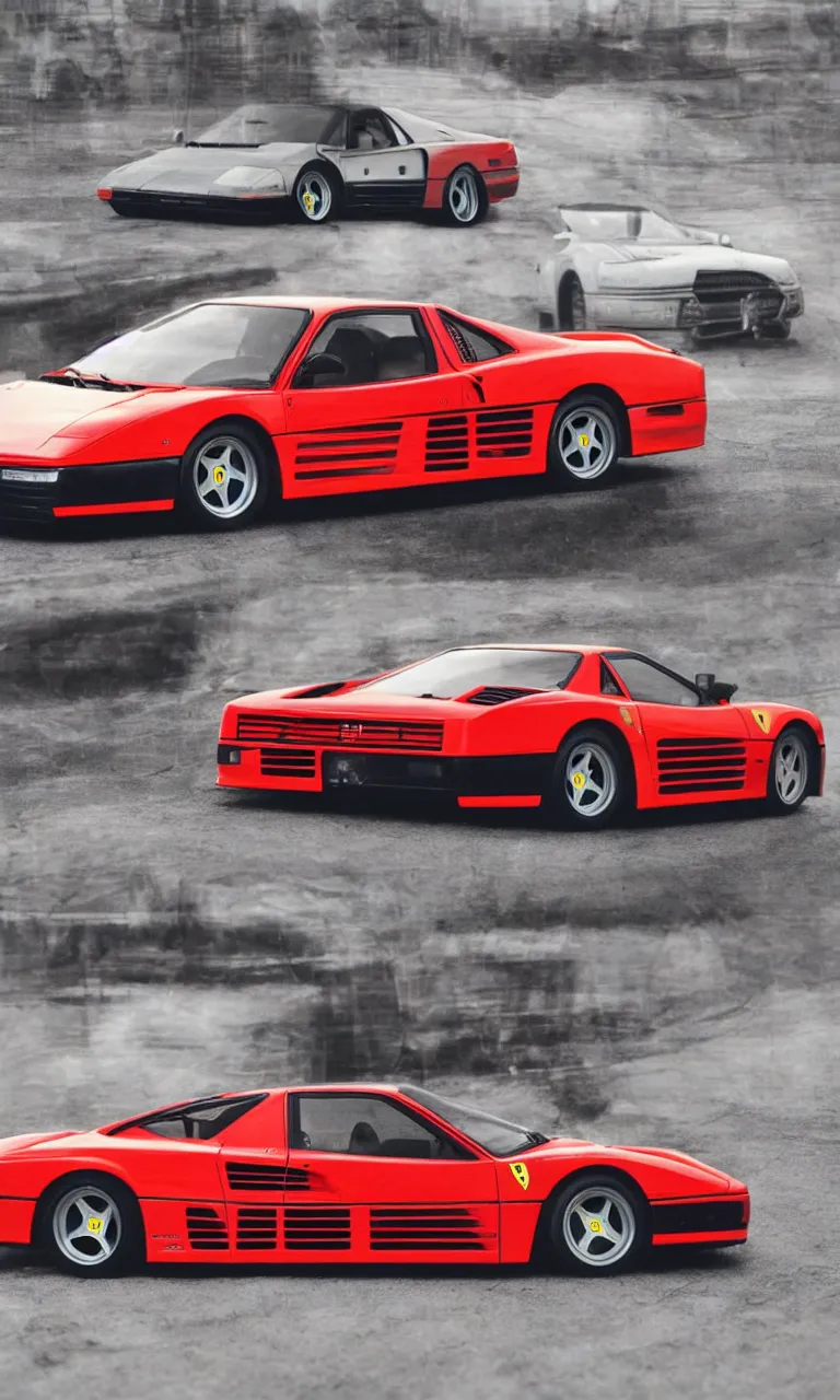 Prompt: a ferrari testarossa in the style of initial - d anime, takumi fujiwara